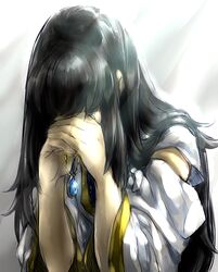  black_hair crying detached_sleeves dress female gensou_suikoden ikunosake jewelry long_hair long_sleeves necklace simple_background solo viki_(suikoden) white_background 