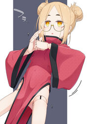  blonde_hair braid china_dress chinese_clothes commentary_request doll_joints double_bun dress female glasses grey_background hair_bun highres iberis_(ogami_kazuki) joints long_sleeves looking_away ogami_kazuki original palm-fist_greeting parted_lips pelvic_curtain red_dress sidelocks solo two-tone_background white_background wide_sleeves 