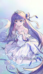  absurdres bare_shoulders blue_eyes blue_ribbon blush breasts collarbone commentary_request dress earrings fate/extra fate/extra_ccc fate_(series) female hair_ribbon hand_on_own_chest highres jewelry laon long_hair looking_at_viewer meltryllis_(fate) pantyhose purple_hair ribbon small_breasts solo tiara very_long_hair water white_dress white_pantyhose 