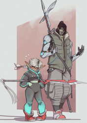  ankle_boots baggy_pants black_hair boots braid braided_ponytail colored_skin commentary contemporary crop_top cyberpunk dagger_axe english_commentary facial_hair female female_goblin glaive_(polearm) goblin green_skin grey_hair hair_bun hands_in_pockets height_difference holding holding_polearm holding_weapon joints long_braid long_hair long_pointy_ears looking_away mechanical_arms mechanical_hands mechanical_parts messy_hair midriff neon_trim orc orcbarbies original pants pigeon-toed pointy_ears polearm red_footwear robot_joints single_braid single_hair_bun stubble tsundere weapon weapon_behind_back weapon_on_back 