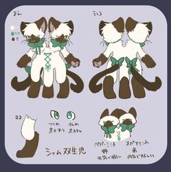  2018 ambiguous_gender anthro chest_tuft chisara circus_of_anya conjoined conjoined_twins domestic_cat felid feline felis fur gloves_(marking) green_eyes hi_res humor japanese_text kemono leg_markings mammal markings model_sheet pawpads peppermint_(chisara) pun pupils sewn_eye siamese slit_pupils socks_(marking) solo spearmint_(chisara) stitch_(sewing) text translated tuft visual_pun white_body white_fur 