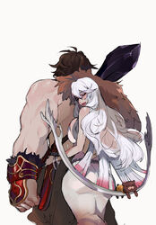  1boy absurdres artemis_(fate) ass bare_back bare_shoulders bow_(weapon) breast_press breasts brown_hair brown_pants closed_eyes club_(weapon) commentary couple curvy dress ennuigrl fate/grand_order fate_(series) female from_behind fur highres hug hug_from_behind large_breasts long_hair muscular muscular_male orion_(bear)_(fate) over_shoulder pants straight super_orion_(fate) symbol-only_commentary thighs weapon weapon_over_shoulder white_dress white_hair wide_hips 