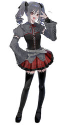  bad_id bad_pixiv_id belt belt_chain black_footwear black_ribbon collar corset detached_sleeves drill_hair female frilled_collar frilled_sleeves frills full_body garter_straps grey_hair hair_ribbon hand_on_own_hip hand_up highres idolmaster idolmaster_cinderella_girls kanzaki_ranko lace lace-trimmed_legwear lace_trim long_sleeves nima_(nimamann) open_mouth plaid plaid_skirt puffy_short_sleeves puffy_sleeves red_eyes red_ribbon ribbon short_sleeves skirt solo sparkling_eyes thighhighs twin_drills white_background 