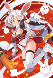  animal_ears armpits breasts chinese_zodiac commentary_request detached_sleeves double_bun female fur-trimmed_gloves fur-trimmed_sleeves fur_trim gloves grin hair_bun highres holding long_sleeves mallet obi original rabbit_ears rabbit_girl rabbit_tail red_eyes sash shoes short_eyebrows small_breasts smile solo tail thick_eyebrows thighhighs twintails white_footwear white_gloves white_hair white_sleeves white_thighhighs wide_sleeves year_of_the_rabbit yuko_(uc_yuk) 