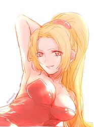  armpits bare_shoulders blonde_hair breasts cleavage closed_mouth commentary_request dress female holding large_breasts long_hair looking_at_viewer nattsun_(018) ponytail red_dress short_dress shynesslady simple_background smile solo star_ocean star_ocean_the_second_story strapless very_long_hair white_background 