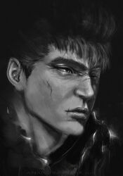  1boy absurdres anatofinnstark artist_name berserk closed_mouth dated greyscale guts_(berserk) highres looking_afar male_focus monochrome one_eye_closed portrait scar scar_on_cheek scar_on_face scar_on_nose short_hair solo 