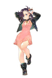  aqua_eyes arm_behind_head asymmetrical_bangs asymmetrical_hair black_choker black_footwear black_hair black_jacket black_nails blush boots breasts chinese_commentary choker cleavage commentary dress female full_body hair_ribbon highres holding holding_poke_ball jacket long_sleeves looking_at_viewer marnie_(pokemon) medium_hair open_clothes orry photoshop_(medium) pink_dress poke_ball poke_ball_(basic) pokemon pokemon_swsh red_ribbon ribbon simple_background small_breasts solo twintails white_background 