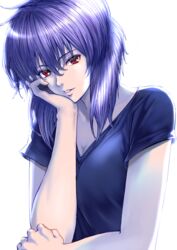  bad_id bad_pixiv_id black_shirt breasts cleavage female ghost_in_the_shell hair_between_eyes head_rest highres kaijin-m kusanagi_motoko light_smile looking_at_viewer medium_breasts parted_lips purple_hair red_eyes shirt short_hair short_sleeves solo t-shirt upper_body white_background 