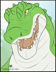  absurd_res alligator alligatorid anthro black_border border charu cregon crocodile crocodilian crocodylid green_body headshot_portrait hi_res male portrait reptile scales scalie solo teeth teeth_showing tongue white_body yellow_eyes 