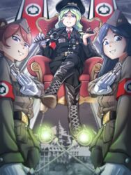  3girls bad_id bad_pixiv_id barbara_parker black_footwear blonde_hair blue_eyes blue_hair blush boots cape diana_cavendish grin hanna_england hat highres ice_keki little_witch_academia looking_at_viewer military military_hat military_uniform multiple_girls nazi parted_lips purple_eyes red_hair riding_crop shiny_clothes sitting smile teeth uniform 