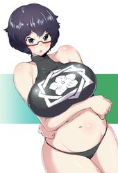  black_eyes black_hair black_panties black_shirt blush breast_hold breasts commentary crop_top crossed_arms dutch_angle emblem female girls_und_panzer glasses halterneck highres huge_breasts messy_hair midriff navel no_pants octagram open_mouth oryou_(girls_und_panzer) panties print_shirt red-framed_eyewear sakamoto_clan_(emblem) sasaki_tatsuya semi-rimless_eyewear shirt short_hair skindentation solo under-rim_eyewear underwear 