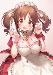  alternate_costume apron blush breasts brown_eyes brown_hair cleavage dress enmaided female hair_ribbon heart idolmaster idolmaster_cinderella_girls idolmaster_cinderella_girls_starlight_stage jewelry large_breasts lolita_fashion maid maid_headdress necklace red_dress ribbon totoki_airi twintails utsunomiya_hetaru 