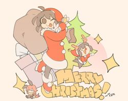  animal_costume bag box brown_hair christmas christmas_rose christmas_tree gift gift_box highres original reindeer_costume simple_background sparkle temmie_chang temmie_chang_(character) text_focus 