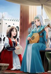  2girls :d aege-kai_wo_wataru_hana-tachi bead_necklace beads blonde_hair blue_dress blue_eyes breasts brown_hair carpet castanets castle coin_(ornament) commentary_request day dress drum frills head_chain hinoshita_akame holding holding_instrument instrument jewelry long_hair long_sleeves looking_at_another lute_(instrument) multiple_girls music necklace open_mouth playing_instrument sitting sky smile traditional_dress veil 