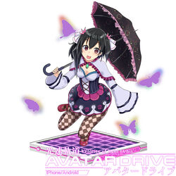  asymmetrical_hair black_hair breasts brown_eyes bug butterfly checkered_clothes checkered_legwear cleavage copyright_name female hair_ornament holding holding_umbrella kousoku_kidou_avatar_drive long_sleeves looking_at_viewer official_art okutomi_fumi open_mouth oversized_clothes pantyhose platform purple_butterfly red_footwear short_hair solo standing standing_on_one_leg umbrella white_background 