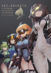  4girls :3 ;3 absurdres black_hair blackhound_(last_origin) blonde_hair blue_hair bodysuit breasts brown_hair character_name green_eyes green_hair griffon_(last_origin) highres hoyo large_breasts last_origin leotard lindwurm_(last_origin) long_hair multiple_girls one_eye_closed photoshop_(medium) ribbed_leotard sleipnir_(last_origin) smile visor 