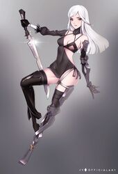  android artist_name black_leotard black_thighhighs breasts cleavage female frenlyse full_body grey_background grey_eyes highres holding holding_sword holding_weapon jv katana leotard long_hair looking_at_viewer nier_(series) nier_reincarnation open_mouth procreate_(medium) single_thighhigh solo sword thighhighs weapon white_hair 