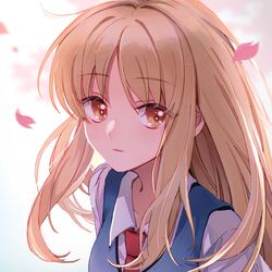  blonde_hair blue_vest blurry blurry_background brown_eyes cherry_blossoms collared_shirt commentary_request female highres long_hair looking_to_the_side nauxii necktie parted_lips petals portrait red_necktie sakura-sou_no_pet_na_kanojo school_uniform shiina_mashiro shirt simple_background solo vest white_background white_shirt 