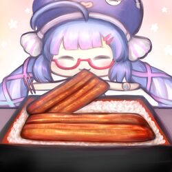  :3 bare_shoulders bento blue_hair blue_headwear blunt_bangs chibi chopsticks closed_eyes commentary eating eel_hat female fish_(food) glasses grilled_eel hair_ornament hairclip holding holding_chopsticks mouth_hold otomachi_una otomachi_una_(talkex) outstretched_arms red-framed_eyewear rice semi-rimless_eyewear solo talkex twintails unajuu_(food) vocaloid yoruake_hoshiko 