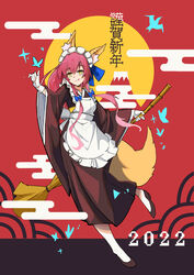  2022 absurdres animal_ear_fluff animal_ears apron black_footwear black_kimono bloom blue_bow blue_ribbon bow closed_mouth collarbone cosplay dress fate/extra fate_(series) female fox_ears fox_girl fox_tail frilled_apron frills full_body gloves hair_between_eyes hair_ribbon hairbow highres hohaku holding japanese_clothes kimono kohaku_(tsukihime) long_hair long_sleeves looking_to_the_side maid maid_apron maid_headdress mountain nengajou new_year pink_hair ponytail red_background ribbon sidelocks solo standing standing_on_one_leg tail taishou tamamo_(fate) tamamo_no_mae_(fate/extra) tongue tongue_out tsukihime type-moon wa_maid white_gloves white_legwear wide_sleeves yellow_eyes 