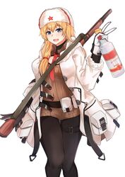  :d alcohol alternate_costume blonde_hair blue_eyes bolt_action bottle commentary_request dress feet_out_of_frame female fur_hat girls&#039;_frontline gloves gun hat highres holding holding_bottle long_hair mosin-nagant mosin-nagant_(girls&#039;_frontline) mosin-nagant_(mod3)_(girls&#039;_frontline) muteppona_hito open_mouth pantyhose parted_lips red_star rifle side_ponytail smile sniper_rifle star_(symbol) stolichnaya_(vodka) thigh_strap thighhighs ushanka v vodka weapon weapon_on_back white_background white_dress white_headwear 