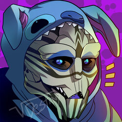  1:1 2019 alien bioware blue_eyes clothing crossover disney electronic_arts fan_character headshot_portrait humanoid icon lilo_and_stitch mass_effect onesie open_mouth portrait purple_background purple_tongue simple_background solo squarerootofdestiny stitch_(lilo_and_stitch) thedax_(character) tongue turian 