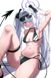  absurdres arm_up armpits bikini black_bikini black_choker blue_archive breasts choker dark-skinned_female dark_skin demon_tail eyewear_on_head female grey_hair hair_over_one_eye halo highres iori_(blue_archive) iori_(swimsuit)_(blue_archive) long_bangs long_hair looking_at_viewer medium_breasts multi-strapped_bikini_bottom navel official_alternate_costume otakummm pointy_ears side-tie_bikini_bottom simple_background sitting solo string_bikini sunglasses swimsuit tail thigh_strap thighs twintails very_long_hair wet white_background 