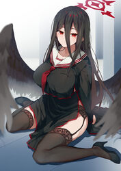  ariko_youichi black_footwear black_gloves black_hair black_serafuku black_thighhighs black_wings blue_archive blush breasts closed_mouth collarbone commentary expressionless feathered_wings female garter_belt gloves hair_between_eyes halo hasumi_(blue_archive) high_heels highres huge_breasts long_hair long_sleeves looking_at_viewer low_wings mole mole_under_eye necktie red_eyes red_halo red_necktie red_trim sailor_collar school_uniform serafuku side_slit sitting skirt solo thighhighs wariza wings 