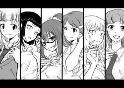  6+girls column_lineup commentary_request freckles glasses greyscale highres kaede_(watamote) kayo_(watamote) long_hair looking_at_viewer miyazaki_(watamote) monochrome multiple_girls natsu_(watamote) ootonari_nagi osumoto1 ponytail shirt uchi_emiri watashi_ga_motenai_no_wa_dou_kangaetemo_omaera_ga_warui! 