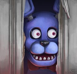  2015 animatronic anthro black_nose bonnie_(fnaf) crossover five_nights_at_freddy&#039;s headshot_portrait here&#039;s_johnny_(meme) jack_torrance lagomorph leporid long_ears machine male mammal meme nightmare_fuel open_mouth parody portrait purple_body purple_eyes purple_inner_ear rabbit rape_face ribbons robot scottgames sketchingsands solo stephen_king_(copyright) teeth the_shining unavailable_at_source 