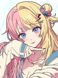  :p blonde_hair blue_background blue_eyes blush breasts cleavage closed_mouth collarbone commentary english_commentary eyelashes female fingernails hair_bun hair_intakes hair_ornament hair_scrunchie hand_up head_tilt highres jacket jewelry kotoka_torahime lightning_bolt_hair_ornament lightning_bolt_symbol long_fingernails long_hair long_sleeves looking_at_viewer medium_breasts multicolored_hair nail_polish necklace nijisanji nijisanji_en off_shoulder one_side_up open_clothes open_jacket pink_hair red_nails scrunchie sidelocks simple_background single_hair_bun single_side_bun sleeves_past_wrists solo split-color_hair tongue tongue_out two-tone_background two-tone_hair upper_body virtual_youtuber white_background white_jacket x_hair_ornament zzangto 