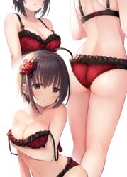  ahoge arm_under_breasts ass back blush bow bow_bra bra breasts brown_eyes brown_hair cleavage female frilled_bra frilled_panties frills highres idolmaster idolmaster_cinderella_girls kohinata_miho lingerie looking_at_viewer multiple_views navel open_mouth panties red_bra red_panties short_hair simple_background stomach strap_slip thighs u_rin underwear underwear_only white_background 