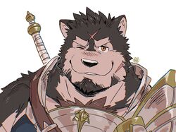  1boy animal_ears another_eidos-r armor artist_logo bara billford_(another_eidos) breastplate dog_boy dog_ears english_commentary furry furry_male gamubear looking_at_viewer male_focus multiple_scars one_eye_closed pauldrons scar scar_on_cheek scar_on_face scar_on_forehead scar_on_head shoulder_armor single_pauldron smile sword sword_on_back thick_eyebrows upper_body weapon weapon_on_back white_background 