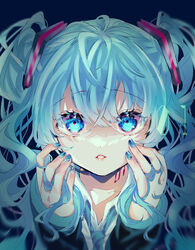  aqua_eyes aqua_hair aqua_nails black_background black_sleeves collarbone commentary female hair_ornament hands_on_own_cheeks hands_on_own_face hatsune_miku headset highres holding holding_own_hair leaning_forward lips long_hair looking_at_viewer mobukyara_(mobumobu0817) nail_polish neck_tattoo necktie parted_lips red_pupils shirt solo tattoo twintails upper_body vocaloid white_shirt 