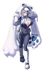  :d absurdres animal_costume animal_hood bear_costume bear_hood black_bodysuit bodysuit breasts center_opening dore_(gilles_dore) female full_body goddess_of_victory:_nikke grey_eyes grey_hair headphones headphones_around_neck highres hood large_breasts leg_warmers looking_at_viewer mask mask_on_head medium_hair mole mole_on_breast neve_(nikke) official_art open_bodysuit open_clothes open_jumpsuit paw_pose simple_background skin_tight smile solo standing tachi-e zipper_pull_tab 