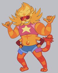  2019 4_arms alien alien_humanoid alternate_species bottomwear cartoon_network clothing crossover digital_media_(artwork) eyewear fur gem gem_(species) gem_fusion generation_7_pokemon hi_res humanoid incineroar itoruna multi_arm multi_limb nintendo orange_body orange_fur pink_clothing pink_shirt pink_topwear pokemon pokemon_(species) shirt shorts solo steven_universe sunglasses sunstone_(steven_universe) topwear 