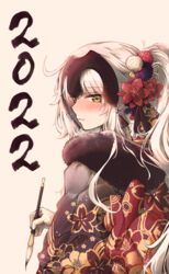  2022 alternate_costume black_kimono blush fate/grand_order fate_(series) female flower hair_flower hair_ornament headpiece highres holding holding_brush japanese_clothes jeanne_d&#039;arc_alter_(avenger)_(fate) jeanne_d&#039;arc_alter_(fate) kimono long_hair obi pale_skin ru_251 sash smile solo upper_body white_hair yellow_eyes 