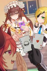  3girls ace_(playing_card) ace_of_hearts blonde_hair brown_hair card commentary demon_girl exorcist_miya eyepatch gloves grand_admiral_marina green_eyes guardian_tales hair_ornament heart highres holding holding_card horns indoors long_hair multiple_girls multiple_views old_maid open_mouth pink_eyes playing_card red_hair smug succubus_adventurer_yuze three_of_diamonds three_of_spades udon_frozen yellow_eyes 