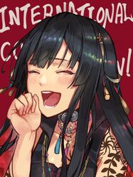  ^_^ arm_tattoo black_hair choker clenched_hand closed_eyes colored_inner_hair commentary_request female hair_ornament henna highres laughing long_hair multicolored_hair nijisanji nijisanji_in noor_(nijisanji) open_mouth red_background red_hair solo sooon tattoo virtual_youtuber 