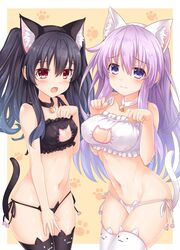  2girls animal_ear_legwear animal_ears animal_print bare_shoulders bell black_bra black_hair black_legwear black_panties blush bra breasts cat_cutout cat_ear_legwear cat_ears cat_lingerie cat_print cat_tail cleavage cleavage_cutout clothing_cutout collar commentary_request covered_nipples cowboy_shot detached_collar groin hair_between_eyes hands_up highres kazuneko_(wktk1024) leaning_forward long_hair looking_at_viewer medium_breasts meme_attire multiple_girls neck_bell nepgear neptune_(series) open_mouth panties paw_pose paw_print paw_print_background purple_eyes purple_hair red_eyes small_breasts tail thighhighs two_side_up underwear underwear_only uni_(neptunia) very_long_hair white_bra white_panties white_thighhighs 