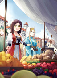  2girls 3boys :d aege-kai_wo_wataru_hana-tachi apple blonde_hair blue_dress blue_eyes blurry bowl bread breasts brown_hair building cheese cheese_wheel coin_(ornament) commentary_request cutting_board day depth_of_field dress food fruit grapes green_headwear head_chain highres hinoshita_akame holding holding_bowl holding_ladle jewelry kitchen_knife knife ladle long_hair long_sleeves looking_at_viewer market multiple_boys multiple_girls music no_eyes no_headwear open_mouth outdoors planted planted_knife pointing pomegranate pot sky smile traditional_dress vegetable veil weapon yellow_eyes 