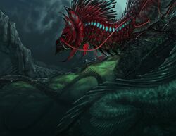  2019 ambiguous_gender aquatic_dragon black_body black_scales blue_body blue_scales day detailed_background digital_media_(artwork) dragon duo empty_eyes feral glowing glowing_body glowing_scales marine mountain mythological_creature mythological_scalie mythology nukerooster outside red_body red_scales scales scalie sky water white_eyes 