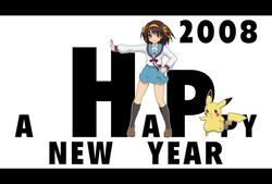  2008 :3 arm_up black_socks blue_sailor_collar blue_skirt blush blush_stickers breasts brown_eyes brown_footwear brown_hair clenched_hand closed_mouth commentary crossover english_text female full_body hairband hand_on_own_hip happy happy_new_year hare_hare_yukai kita_high_school_uniform kneehighs light_blush long_sleeves looking_at_viewer miniskirt neck_ribbon new_year orange_hairband outline outstretched_arm pikachu pleated_skirt pokemon pokemon_(creature) red_ribbon ribbon sailor_collar school_uniform serafuku shirt shirt_tucked_in shoes short_hair sidelocks simple_background skirt small_breasts smile socks standing straight-on suzumiya_haruhi suzumiya_haruhi_no_yuuutsu tsuji v-shaped_eyebrows white_background white_outline white_shirt winter_uniform 