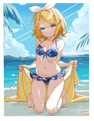  bare_arms bare_legs bare_shoulders barefoot beach bikini blonde_hair blue_bikini blue_skirt bow breasts cloud collarbone commentary_request female hair_ornament hairclip holding holding_towel kagamine_rin kneeling light_blush looking_at_viewer navel ocean outdoors palm_tree polka_dot polka_dot_bikini revision short_hair skirt small_breasts smile solo stomach swimsuit towel tree vocaloid white_bow yellow_towel yukihane_(snowowl515) 