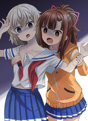  2girls abe_kanari biting blue_skirt brown_eyes brown_hair collarbone commentary_request cowboy_shot drooling hair_ribbon high_school_fleet highres hood hooded_jacket hoodie irizaki_mei jacket multiple_girls neckerchief open_mouth orange_jacket pleated_skirt ponytail red_neckerchief ribbon sailor_collar school_uniform serafuku sharp_teeth short_hair skirt tateishi_shima teeth white_hair white_sailor_collar yokosuka_girls_marine_high_school_uniform 