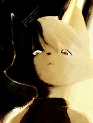  3:4 abstract_background absurd_res anthro canid canine clothing curtains ears_up female fur hazuki_mikami_(hasukii) heterochromia hi_res key_rooki light looking_at_viewer mammal painterly reaction_image shaded solo sweater tan_body tan_fur topwear turtleneck window 