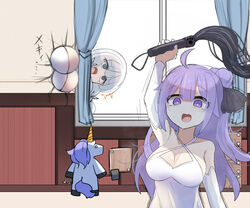  2girls @_@ akaoni_(zumt3548) azur_lane bondage breasts cat_o&#039;_nine_tails commentary crack cracked_wall dominatrix dress femdom hair_bun illustrious_(azur_lane) large_breasts long_hair multiple_girls peeping petite purple_eyes purple_hair sadism shaded_face single_hair_bun single_side_bun strapless strapless_dress stuffed_animal stuffed_toy stuffed_unicorn through_wall unicorn unicorn_(azur_lane) whip white_dress window 