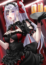  alcohol alternate_costume azur_lane beer beer_mug black_dress black_gloves breasts cleavage clothing_cutout commentary corset cross cup dress elbe_(azur_lane) elbe_(time_to_show_off?)_(azur_lane) female frilled_skirt frills gloves grey_hair hair_ribbon highres holding holding_tray iron_cross large_breasts long_hair maid maid_headdress mug multicolored_hair naga_(pixiv70891418) open_mouth purple_eyes red_ribbon ribbon sidelocks skirt solo streaked_hair sweatdrop swept_bangs tray two_side_up underboob underboob_cutout upper_body 