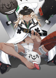  absurdres barefoot belt black_belt chinese_commentary clover coat collared_coat commentary_request dark-skinned_female dark_skin eyelashes feet feet_up female foreshortening full_body gradient_background grey_background guilty_gear hair_between_eyes hat high_collar highres kongbai_huanxiang leg_wrap long_hair looking_at_viewer midriff nail_polish parted_lips pink_nails platinum_blonde_hair ramlethal_valentine short_shorts shorts sitting soles solo teeth thigh_strap toenails toes white_coat white_hat yellow_eyes 