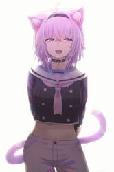  :3 :d absurdres ahoge animal_collar animal_ear_fluff animal_ears arms_behind_back blue_eyes blush cat_ears cat_girl cat_tail collar commentary cowboy_shot crop_top crop_top_overhang fangs female hair_between_eyes hair_intakes hairband hand_on_own_arm highres holding_own_arm hololive long_sleeves looking_at_viewer midriff navel neckerchief nekomata_okayu nekomata_okayu_(casual) official_alternate_costume open_mouth pants ponono purple_eyes purple_hair sailor_collar short_hair simple_background smile solo straight-on tail virtual_youtuber white_background white_neckerchief white_pants 